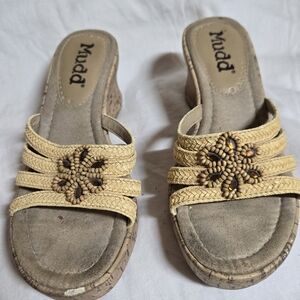 Mudd Beaded Rattan Braid Slip-on Wedge Cork Sandals Size 7